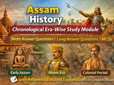 Assam History Chronological Era-Wise Study Module with Short Answer Questions, Long Answer Questions, and MCQs with Answers & Detailed Explanations for Competitive Exams