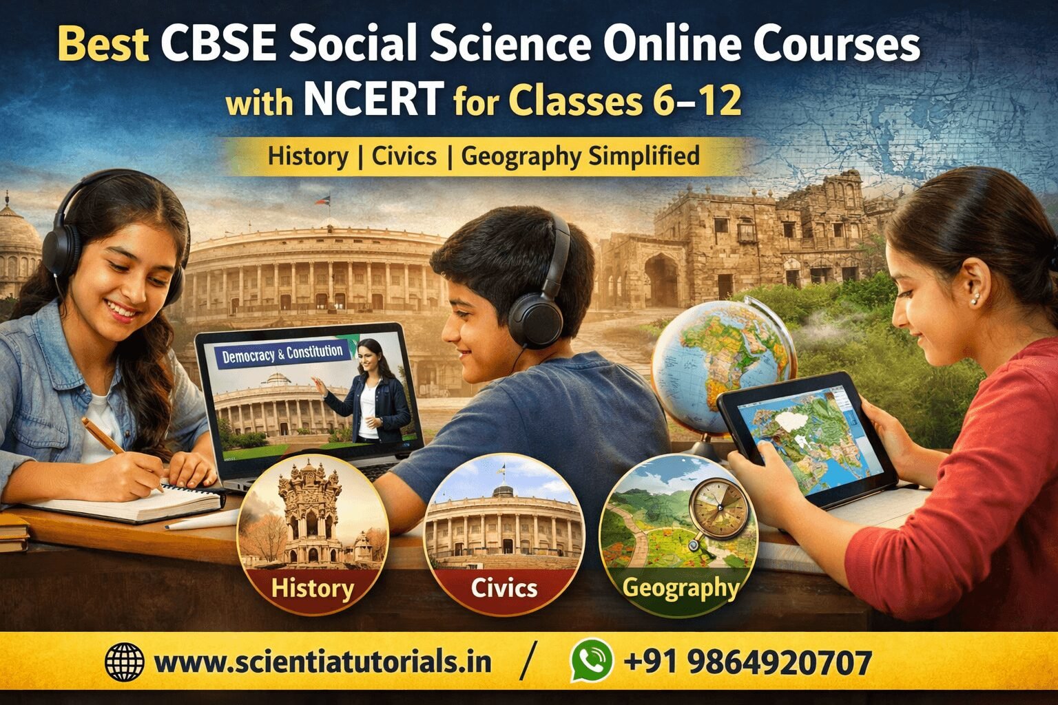 Students learning CBSE Social Science online including History Civics and Geography with NCERT courses for Classes 6 to 12