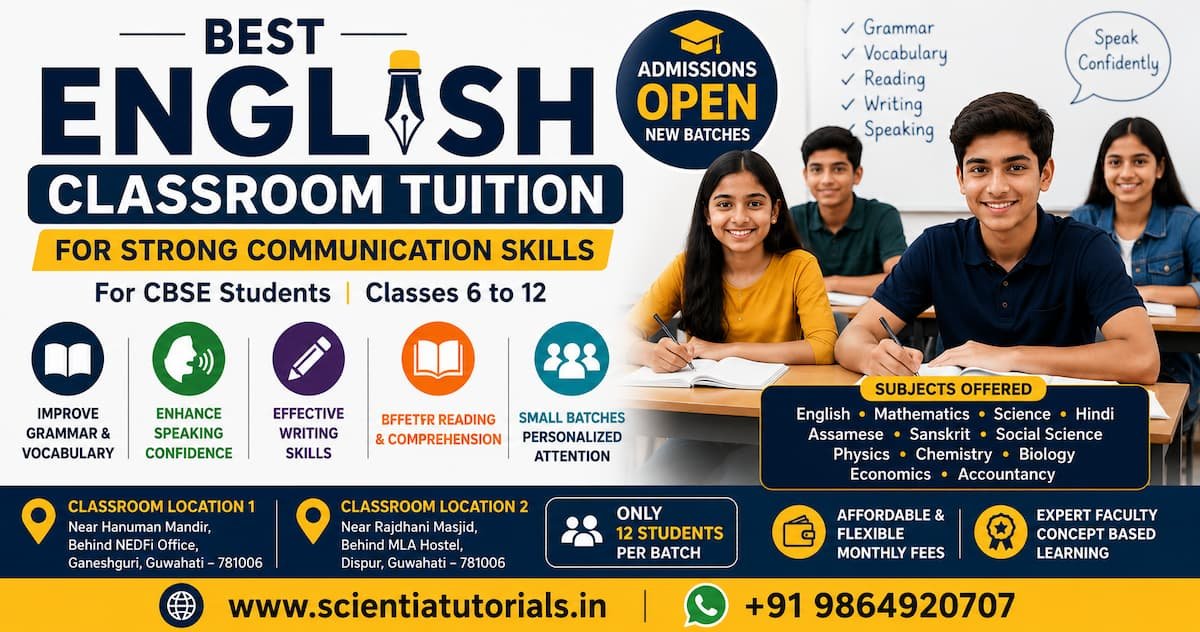 Best English classroom tuition in Guwahati for CBSE students at Scientia Tutorials with small batch communication skills coaching