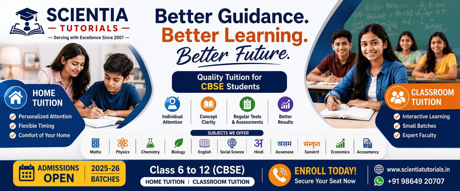 Modern CBSE Home & Classroom Tuition Banner | Scientia Tutorials Modern graphical banner of Scientia Tutorials promoting CBSE home tuition and classroom tuition for Class 6 to 12 with admissions open for 2025-26