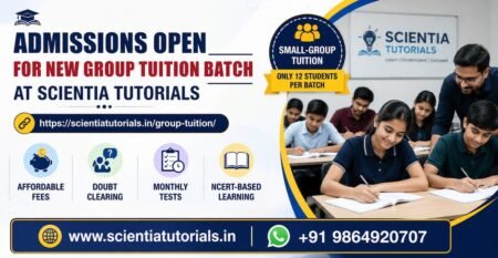 Facebook advertisement banner for Scientia Tutorials featuring admissions open for small-group tuition with affordable fees, monthly tests, and NCERT-based learning.