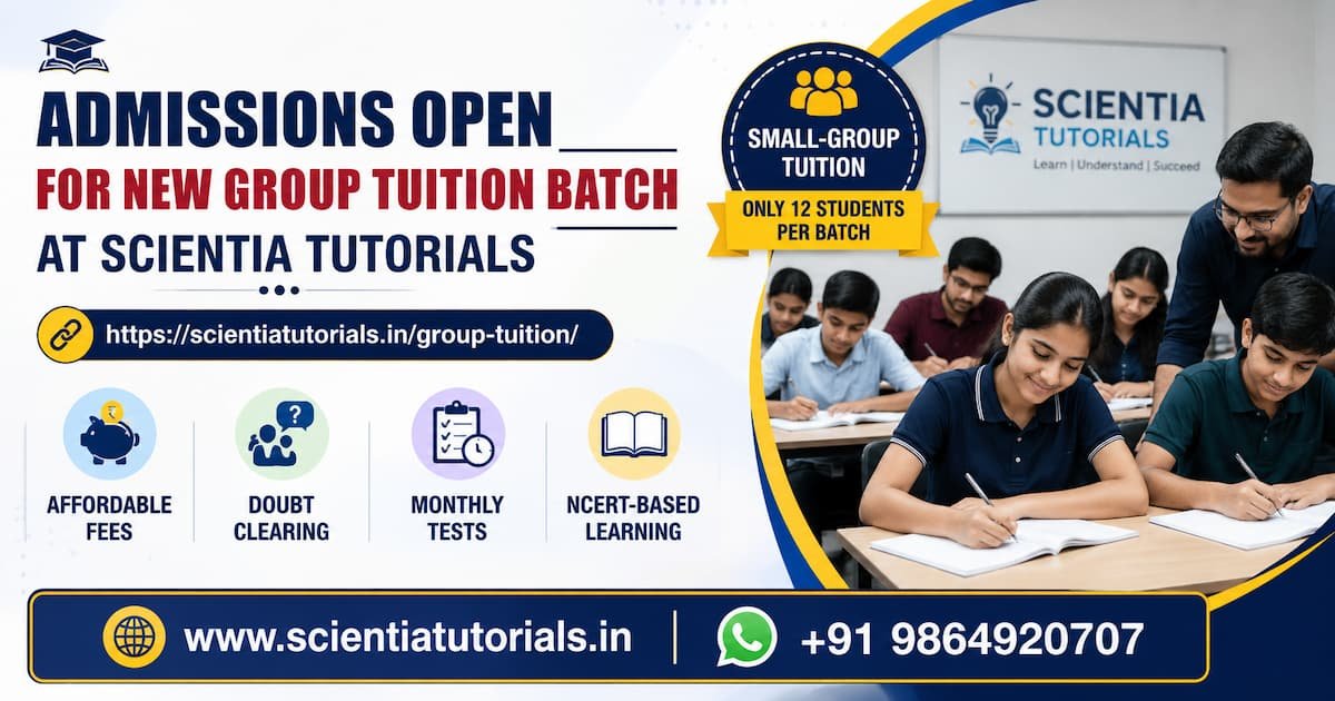 Facebook advertisement banner for Scientia Tutorials featuring admissions open for small-group tuition with affordable fees, monthly tests, and NCERT-based learning.