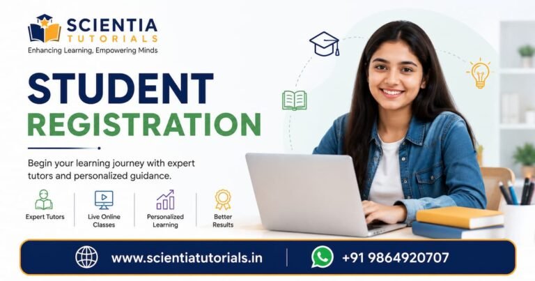Student registration banner for Scientia Tutorials encouraging students to enroll for expert tutoring and personalized learning support.