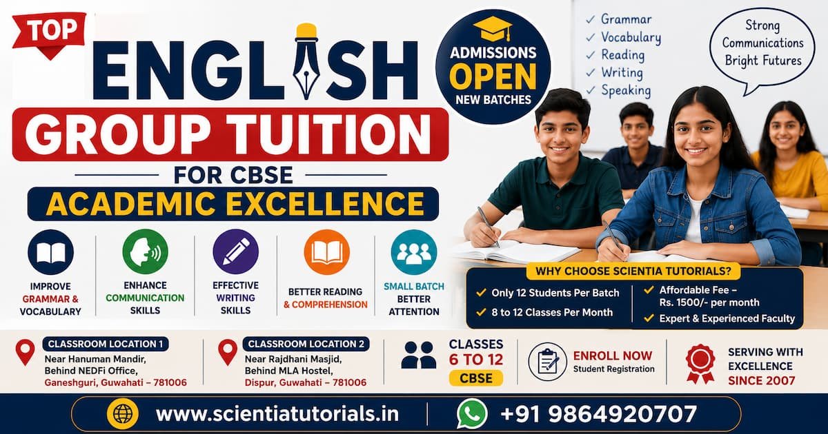 Top English group tuition in Guwahati for CBSE students at Scientia Tutorials with small batch classroom coaching
