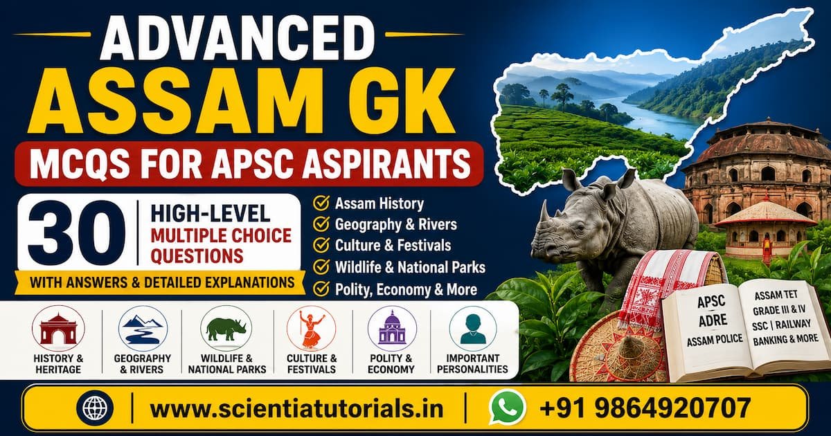 Featured image for Advanced Assam GK MCQs for APSC Aspirants containing 30 high-level Assam General Knowledge multiple-choice questions with answers and detailed explanations for APSC, ADRE, Assam Police, Assam TET, Grade III, Grade IV, SSC, Railway and Banking examinations.