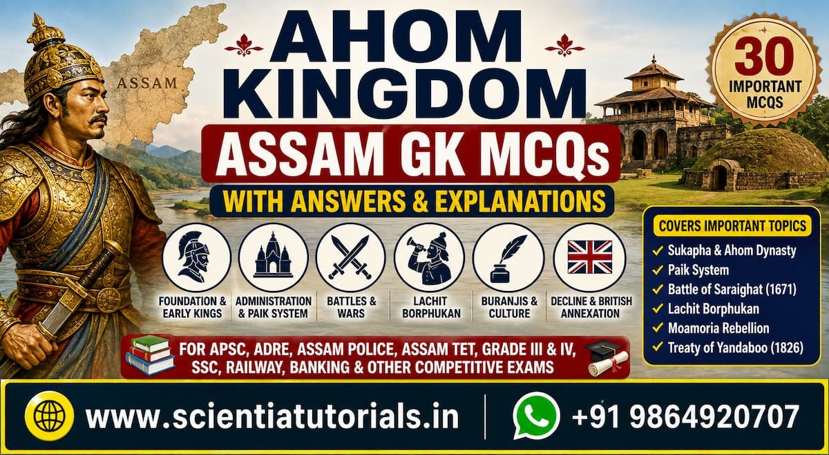 Ahom Kingdom Assam GK MCQs with answers featuring Sukapha, Charaideo Moidams, Lachit Borphukan, Battle of Saraighat, and Ahom Dynasty history for APSC, ADRE, Assam Police, and competitive exams.