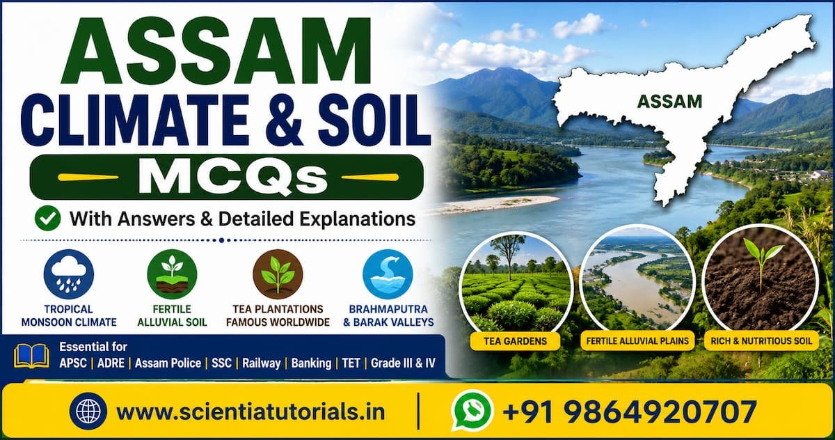 Assam Climate and Soil MCQs featuring tropical monsoon climate, fertile alluvial soil, tea gardens, Brahmaputra Valley, and competitive exam preparation for APSC, ADRE, Assam Police, SSC, Railway, Banking, and TET.