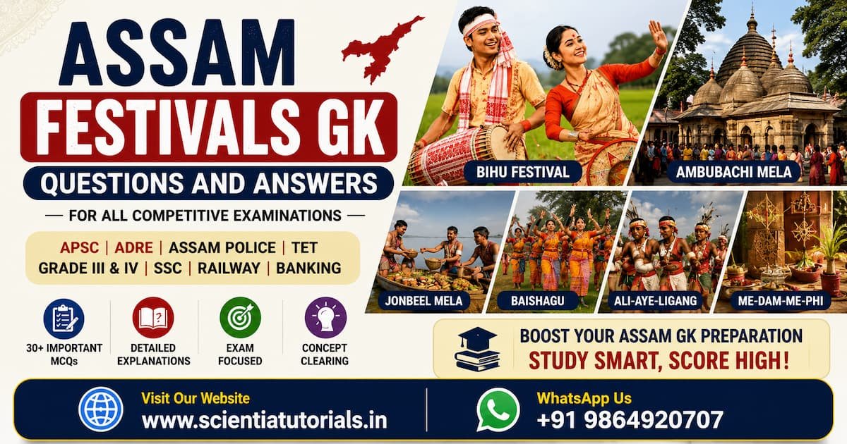 Assam Festivals GK Questions and Answers featuring Bihu Festival, Ambubachi Mela, Jonbeel Mela, Baishagu, Ali-Aye-Ligang and Me-Dam-Me-Phi for APSC, ADRE, Assam Police, TET, SSC and Railway exam preparation.