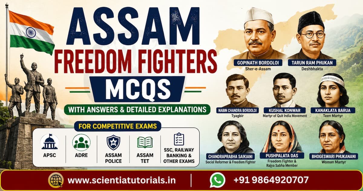 Assam Freedom Fighters MCQs with answers featuring Gopinath Bordoloi, Kanaklata Barua, Kushal Konwar and other Assam freedom fighters for APSC, ADRE and Assam competitive exams.