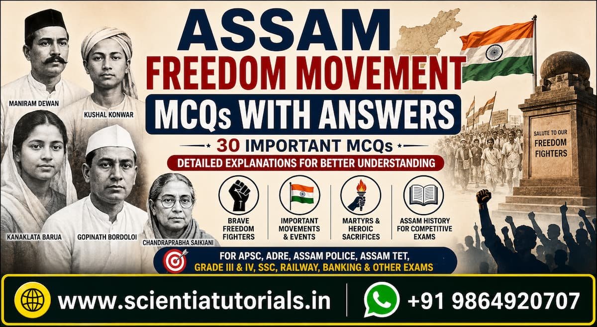Assam Freedom Movement MCQs with answers featuring Maniram Dewan, Kushal Konwar, Kanaklata Barua, Gopinath Bordoloi, Chandraprabha Saikiani, and important freedom struggle events for APSC, ADRE, Assam Police, and competitive exams.