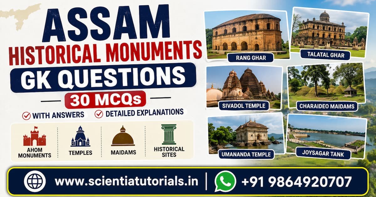 Assam Historical Monuments GK Questions featuring Rang Ghar, Talatal Ghar, Sivadol Temple, Charaideo Maidams, Umananda Temple and Joysagar Tank for APSC, ADRE, Assam Police and competitive exam preparation.