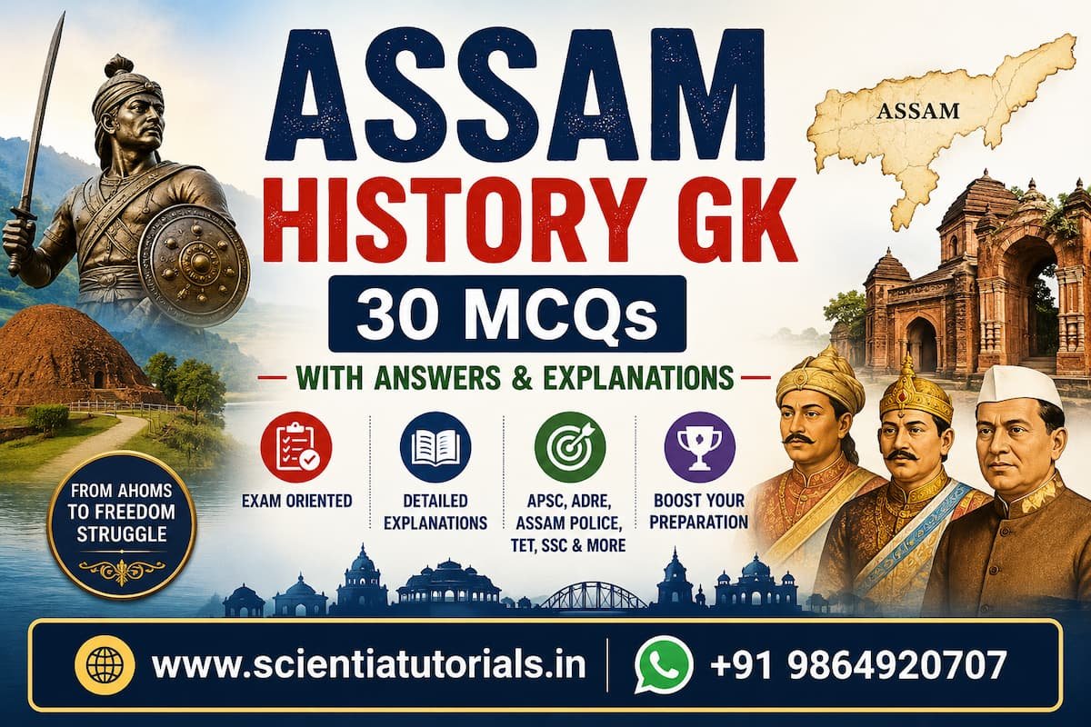 Assam History GK MCQs with answers and explanations covering Ahom Kingdom, Lachit Borphukan, Assam freedom fighters, and competitive exam preparation.