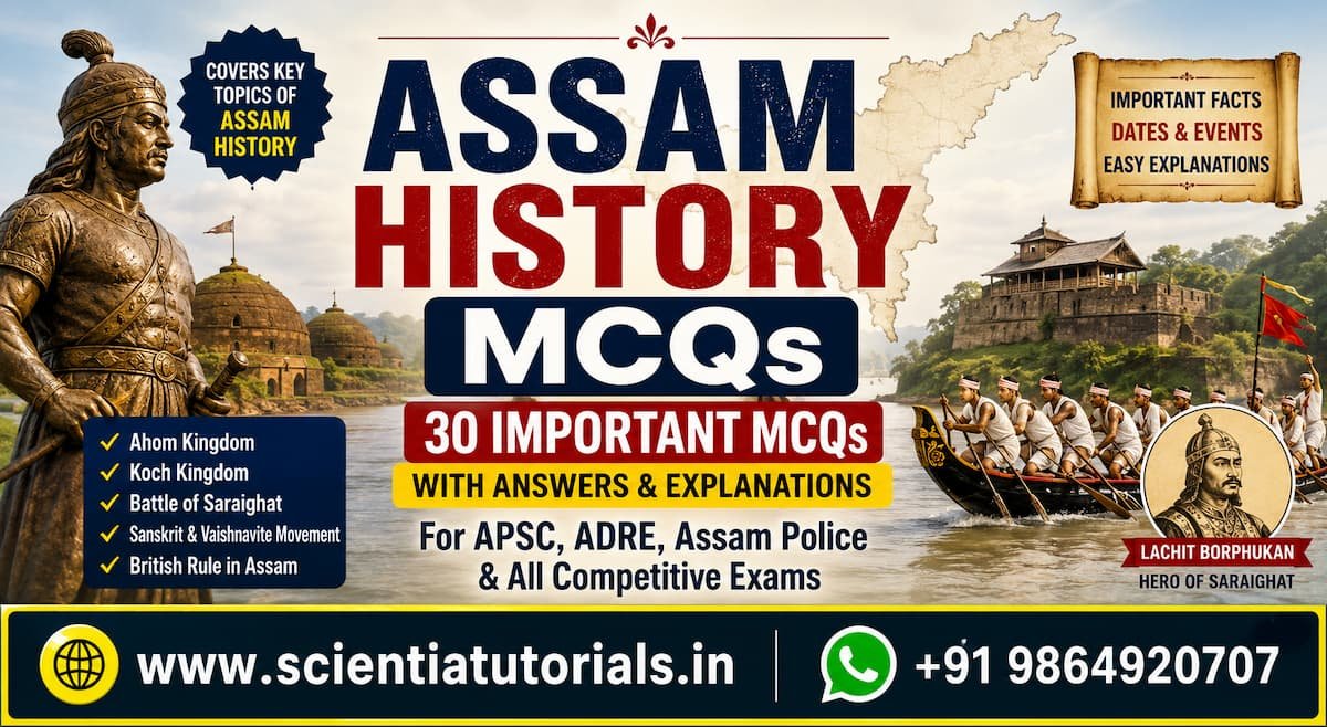 Assam History MCQs with answers and explanations featuring Ahom Kingdom, Lachit Borphukan, Battle of Saraighat, and Assam competitive exam preparation.