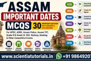 Featured image for Assam Important Dates MCQs with Answers containing 30 important multiple-choice questions with detailed explanations on Assam historical dates, major events, important years, and milestones for APSC, ADRE, Assam Police, Assam TET, Grade III, Grade IV, SSC, Railway, and Banking examinations.