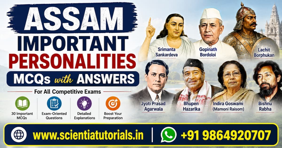 Assam Important Personalities MCQs with answers featuring Srimanta Sankardeva, Lachit Borphukan, Gopinath Bordoloi, Bhupen Hazarika, Jyoti Prasad Agarwala and other notable personalities for APSC, ADRE, Assam Police and competitive exam preparation.