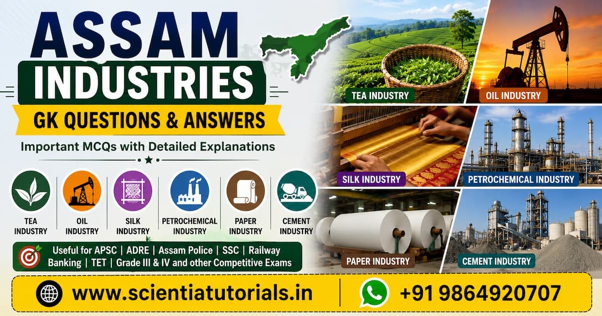 Assam Industries GK Questions and Answers featuring tea industry, oil industry, silk industry, petrochemical industry, paper industry and cement industry for competitive exam preparation in Assam.