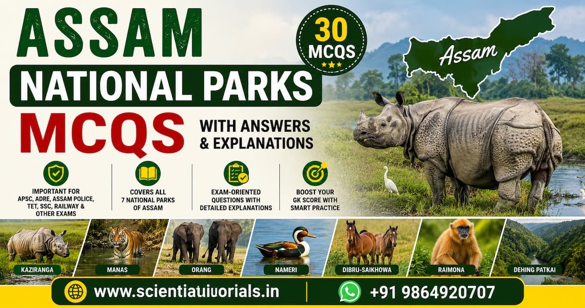 Assam National Parks MCQs with answers and explanations featuring Kaziranga, Manas, Orang, Nameri, Dibru-Saikhowa, Raimona and Dehing Patkai for APSC, ADRE and Assam GK exams.