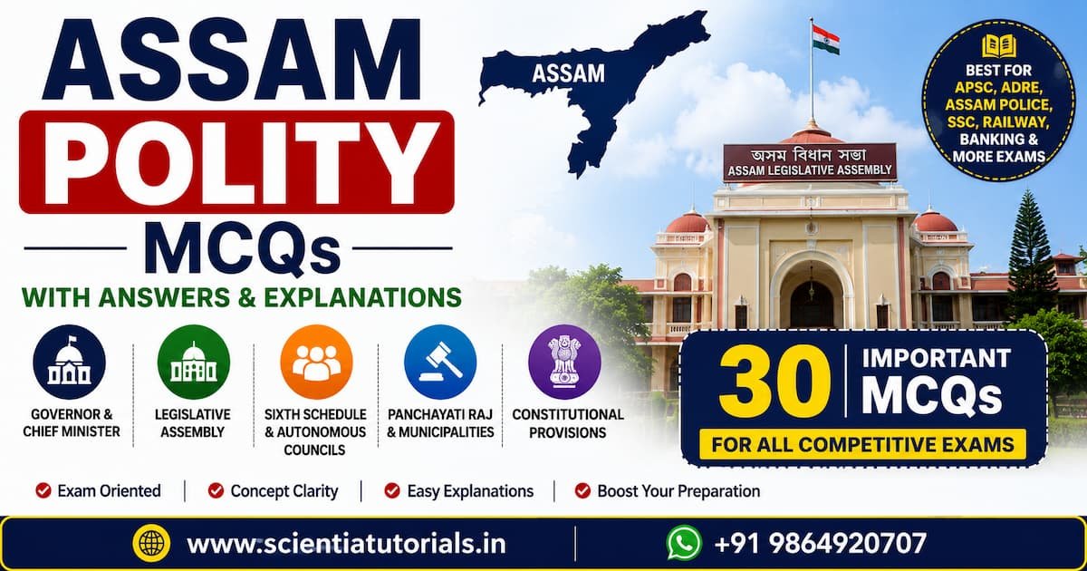 Assam Polity MCQs with answers and explanations covering Governor, Chief Minister, Legislative Assembly, Sixth Schedule, Panchayati Raj, and Constitutional provisions for APSC, ADRE, Assam Police, SSC, and Railway exams.