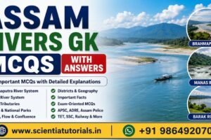 Assam Rivers GK MCQs with answers featuring Brahmaputra River, Barak River, Manas River, major tributaries, river systems, and important Assam Geography questions for APSC, ADRE, Assam Police, Assam TET, SSC, Railway, and Banking exam preparation.