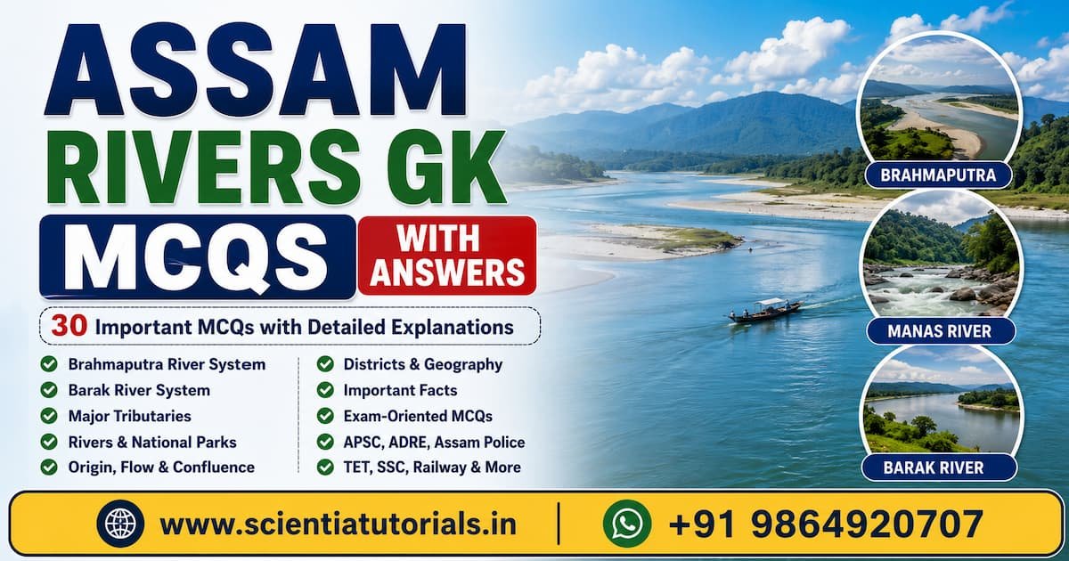 Assam Rivers GK MCQs with answers featuring Brahmaputra River, Barak River, Manas River, major tributaries, river systems, and important Assam Geography questions for APSC, ADRE, Assam Police, Assam TET, SSC, Railway, and Banking exam preparation.
