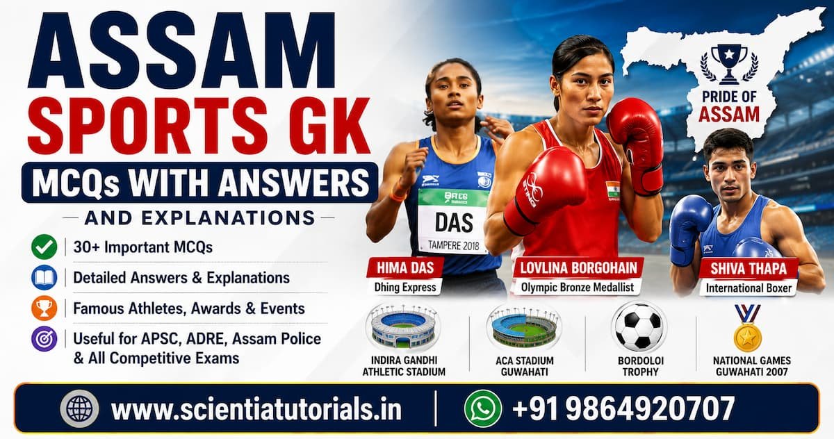 Assam Sports GK MCQs with answers and explanations featuring Hima Das, Lovlina Borgohain, Shiva Thapa, sports stadiums, awards, and important sports events for APSC, ADRE, Assam Police, and competitive exam preparation.