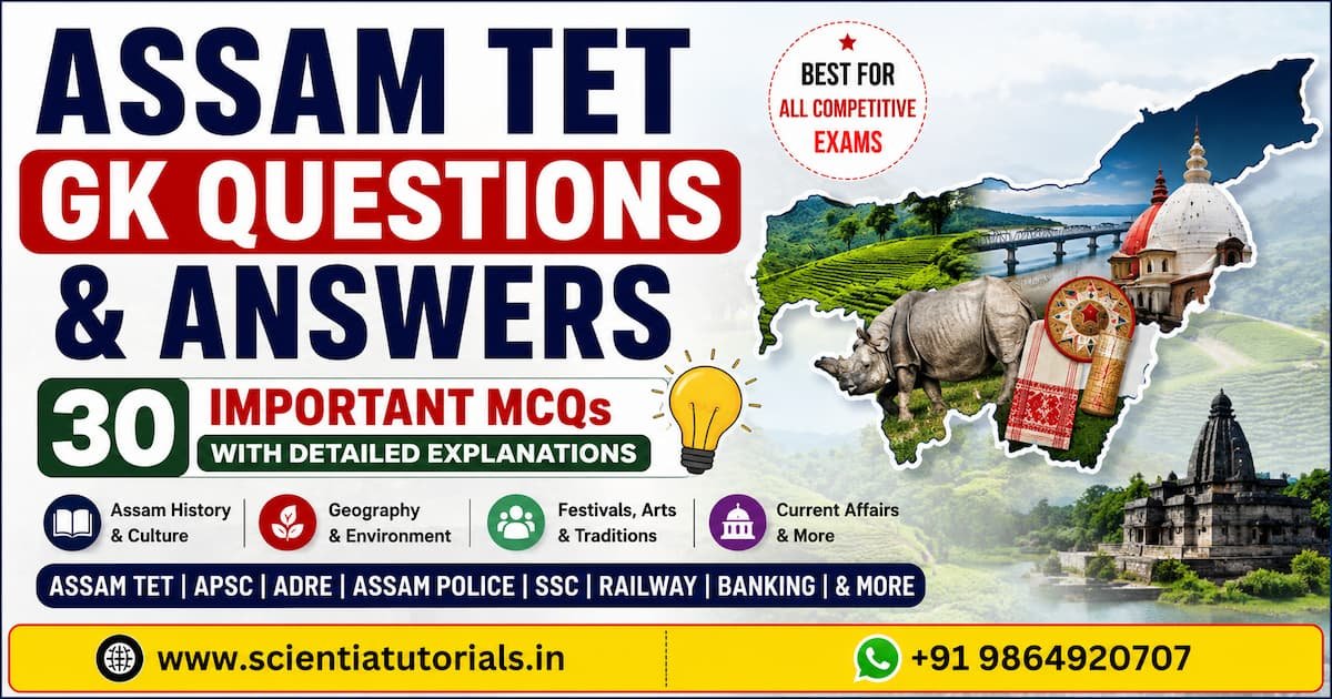 Featured image for Assam TET GK Questions and Answers containing 30 important General Knowledge MCQs with detailed explanations for Assam TET, APSC, ADRE, Assam Police, Grade III, Grade IV, SSC, Railway and Banking examinations.