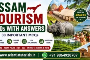 Assam Tourism MCQs with Answers featuring Kaziranga National Park, one-horned rhinoceros, Kamakhya Temple, tea gardens, Bihu culture, and important Assam tourism facts for APSC, ADRE, Assam Police, SSC, Railway, Banking, and other competitive examinations.