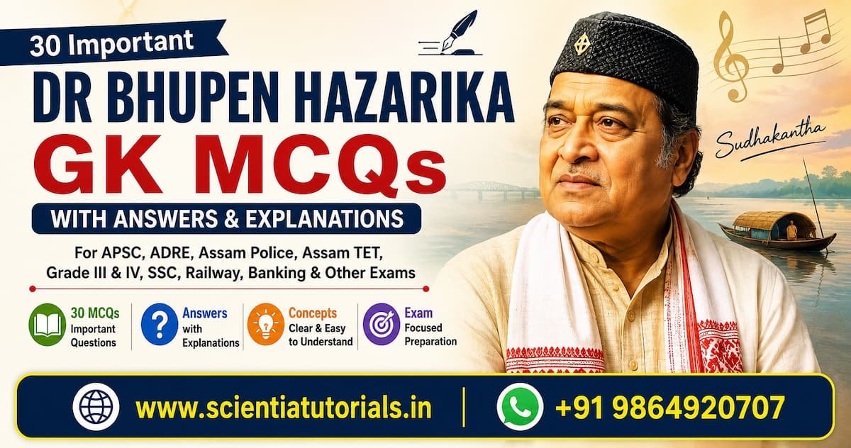 Dr Bhupen Hazarika GK MCQs with answers and explanations for APSC, ADRE, Assam Police, Assam TET, SSC and competitive exams