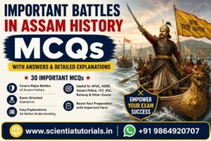 Important Battles in Assam History MCQs featuring Battle of Saraighat, Lachit Borphukan, Ahom-Mughal Wars, and Assam competitive exam preparation.