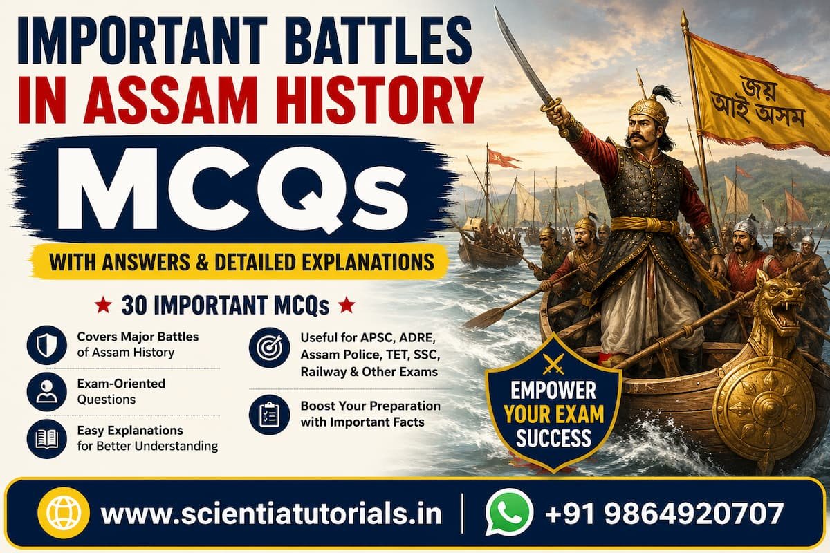 Important Battles in Assam History MCQs featuring Battle of Saraighat, Lachit Borphukan, Ahom-Mughal Wars, and Assam competitive exam preparation.