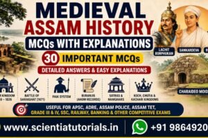 Medieval Assam History MCQs with explanations featuring Ahom Kingdom, Lachit Borphukan, Sankardeva, Charaideo Moidams, Battle of Saraighat, Paik System, and Assam competitive exam preparation.
