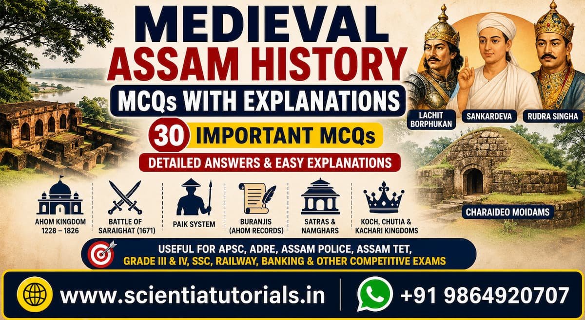 Medieval Assam History MCQs with explanations featuring Ahom Kingdom, Lachit Borphukan, Sankardeva, Charaideo Moidams, Battle of Saraighat, Paik System, and Assam competitive exam preparation.