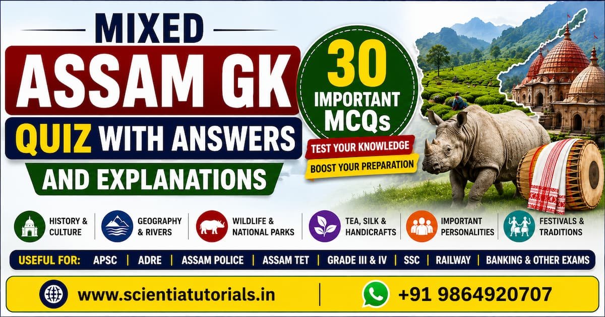 Featured image for Mixed Assam GK Quiz with Answers and Explanations containing 30 important Assam General Knowledge MCQs with detailed explanations for APSC, ADRE, Assam Police, Assam TET, Grade III, Grade IV, SSC, Railway and Banking examinations.