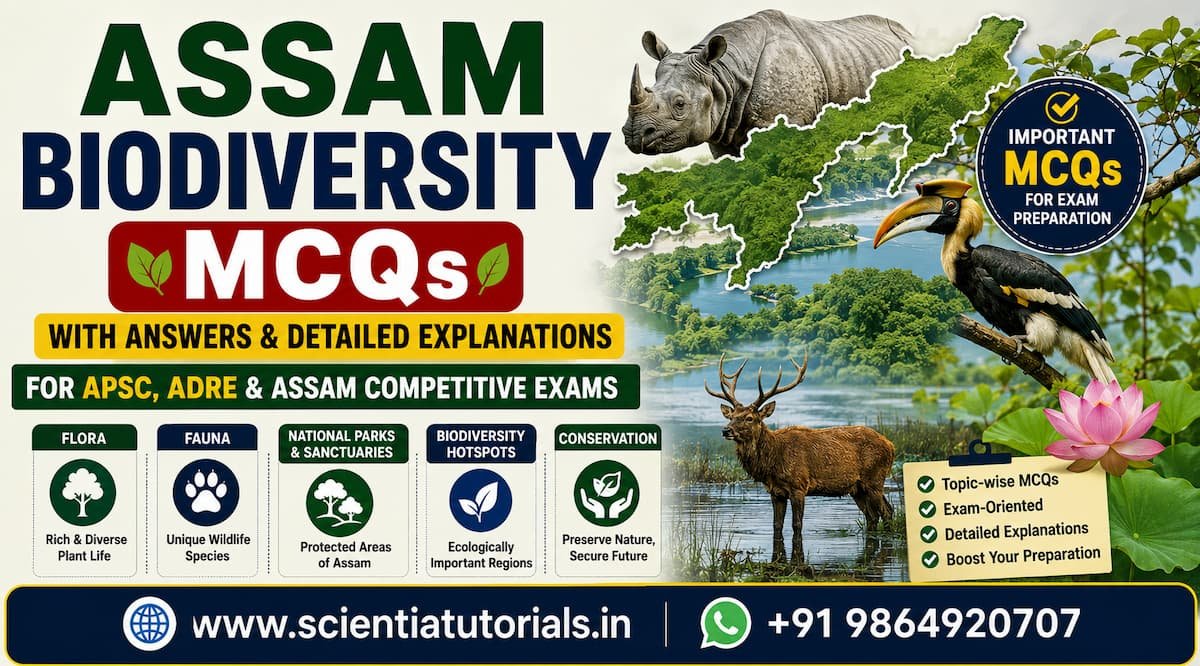Featured image for Assam Biodiversity MCQs with answers and detailed explanations for APSC, ADRE, Assam Police, and Assam competitive exams, featuring Kaziranga one-horned rhinoceros, great hornbill, swamp deer, Assam map, forests, national parks, wildlife sanctuaries, flora, and fauna.