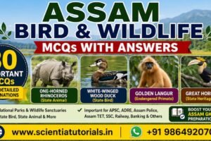 Featured image for Assam Bird and Wildlife MCQs with Answers showing the One-Horned Rhinoceros, White-winged Wood Duck, Golden Langur, and Great Hornbill for APSC, ADRE, Assam Police, Assam TET, Grade III & Grade IV, SSC, Railway, Banking, and other Assam competitive examinations.