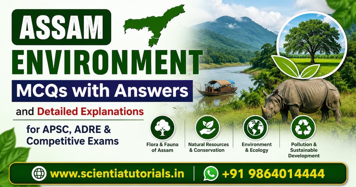 Featured image for Assam Environment MCQs with answers and detailed explanations covering Assam ecology, biodiversity, forests, wildlife, pollution, and conservation for APSC, ADRE, and other competitive exams.