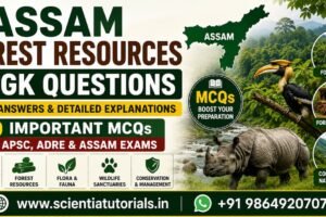 Featured image for Assam Forest Resources GK Questions with 30 important MCQs, answers and detailed explanations for APSC, ADRE, Assam Police and Assam competitive exams, featuring Assam forests, one-horned rhinoceros, great hornbill, forest map, wildlife, national parks, and forest conservation.