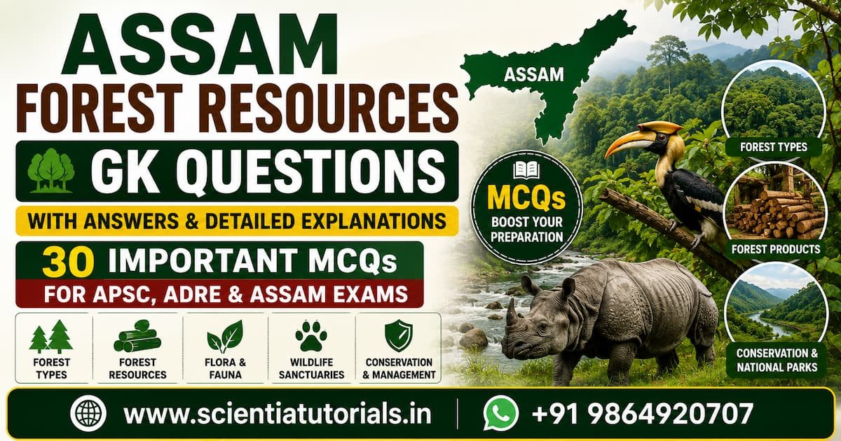 Featured image for Assam Forest Resources GK Questions with 30 important MCQs, answers and detailed explanations for APSC, ADRE, Assam Police and Assam competitive exams, featuring Assam forests, one-horned rhinoceros, great hornbill, forest map, wildlife, national parks, and forest conservation.