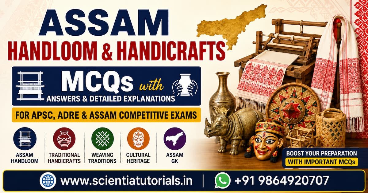 Featured image for Assam Handloom and Handicrafts MCQs with answers and detailed explanations for APSC, ADRE, Assam Police and Assam competitive exams, showcasing Assamese handloom, Gamusa, traditional weaving loom, Mekhela Chador, bamboo and cane handicrafts, masks, and cultural heritage.