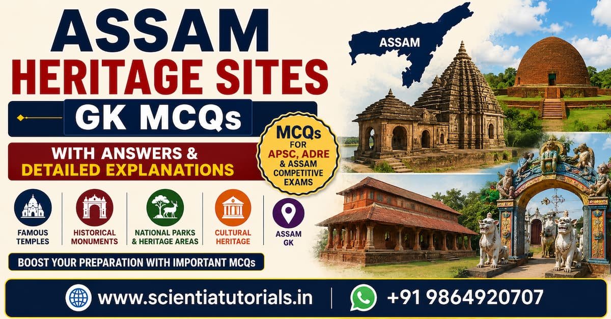 Featured image for Assam Heritage Sites GK MCQs with answers and detailed explanations for APSC, ADRE, Assam Police, and Assam competitive exams, showcasing Kamakhya Temple, Rang Ghar, Charaideo Maidams, Sivasagar heritage, Assamese monuments, and important cultural heritage sites.