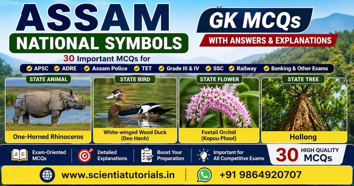 Featured image of Assam National Symbols GK MCQs showing the One-Horned Rhinoceros, White-winged Wood Duck, Foxtail Orchid, and Hollong tree for APSC, ADRE, Assam Police, Assam TET, SSC, Railway, Banking, and other competitive exams.