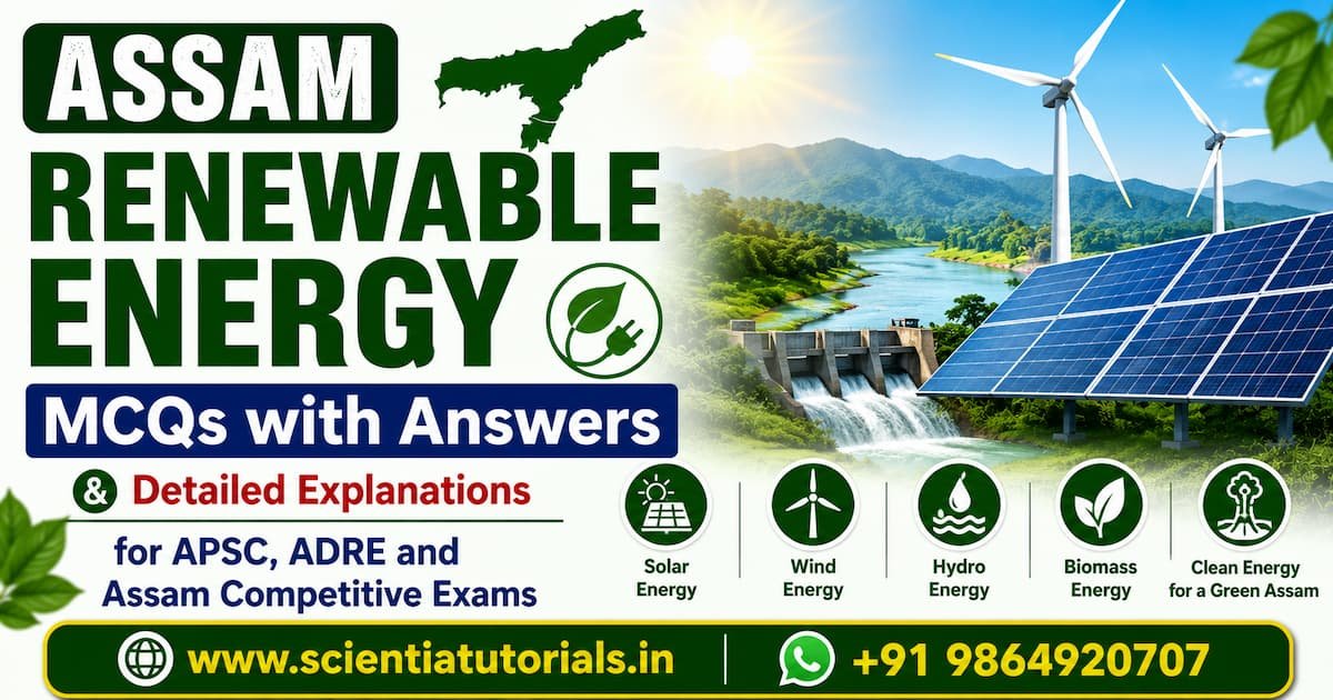 Featured image for Assam Renewable Energy MCQs with answers and detailed explanations covering solar, wind, hydro, biomass, and clean energy for APSC, ADRE, and Assam competitive exams.
