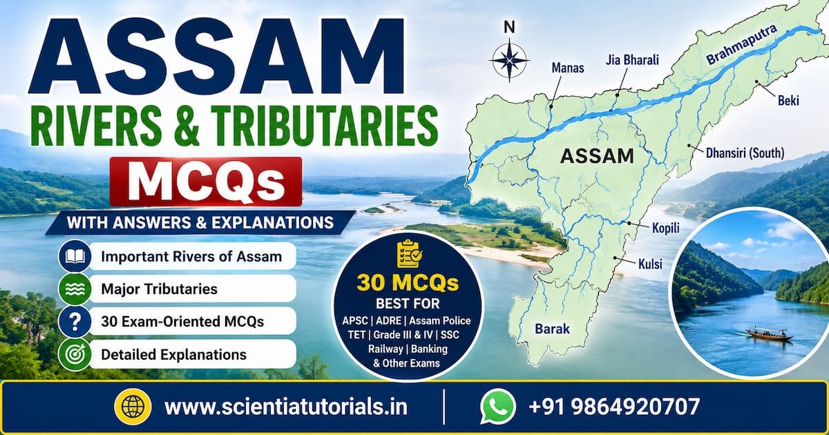 Featured image showing Assam Rivers and Tributaries MCQs with answers and explanations for APSC, ADRE, Assam Police, Assam TET, SSC, Railway, Banking, and other competitive exams.