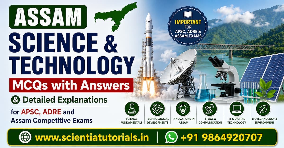 Featured image for Assam Science and Technology MCQs with answers and detailed explanations covering space technology, biotechnology, information technology, scientific innovations, and Assam competitive exams.