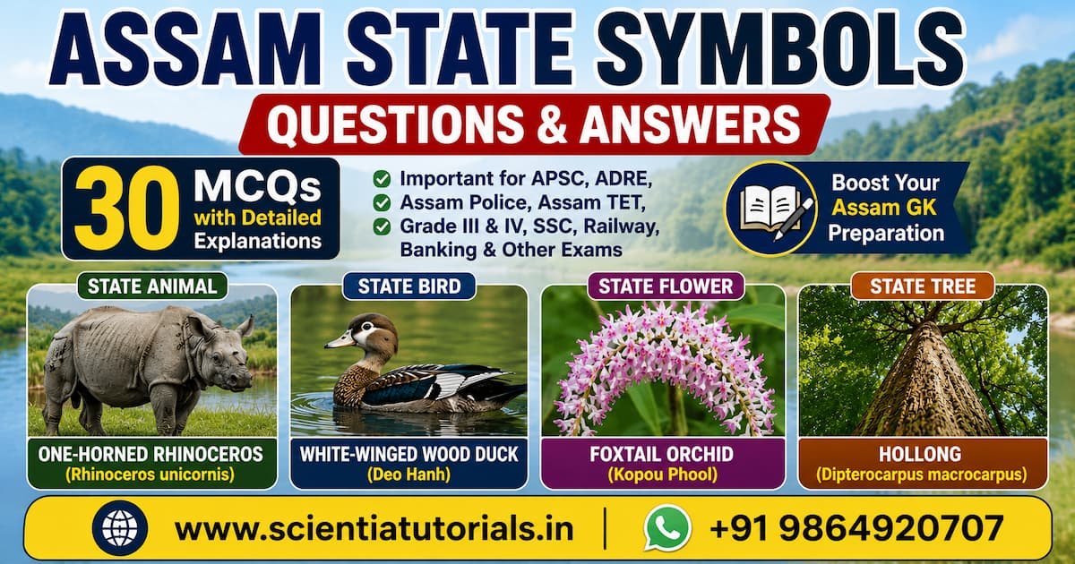Featured image for Assam State Symbols Questions and Answers with 30 MCQs showing the One-Horned Rhinoceros, White-winged Wood Duck, Foxtail Orchid (Kopou Phool), and Hollong tree for APSC, ADRE, Assam Police, Assam TET, SSC, Railway, Banking, and other competitive exams.
