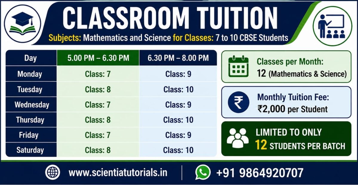Classroom tuition schedule by Scientia Tutorials in Guwahati for CBSE Classes 7 to 10, featuring Mathematics and Science evening batches from 5:00 PM–6:30 PM and 6:30 PM–8:00 PM, 12 classes per month, ₹2,000 monthly tuition fee, and a maximum of 12 students per batch.