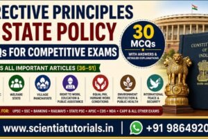 Directive Principles of State Policy MCQs featuring the Constitution of India, Parliament, Ashoka Pillar, and welfare state concepts for UPSC, SSC, Banking, Railways, APSC, ADRE, and State PSC exam preparation.