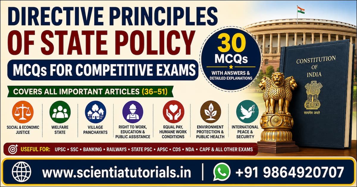 Directive Principles of State Policy MCQs featuring the Constitution of India, Parliament, Ashoka Pillar, and welfare state concepts for UPSC, SSC, Banking, Railways, APSC, ADRE, and State PSC exam preparation.