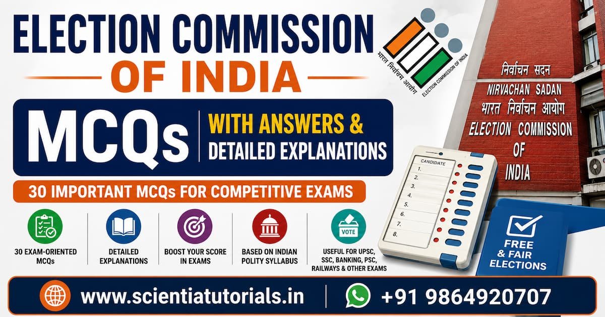 Featured image of Election Commission of India MCQs with 30 questions, answers and detailed explanations for UPSC, SSC, Banking, Railways, PSC and other competitive exams.