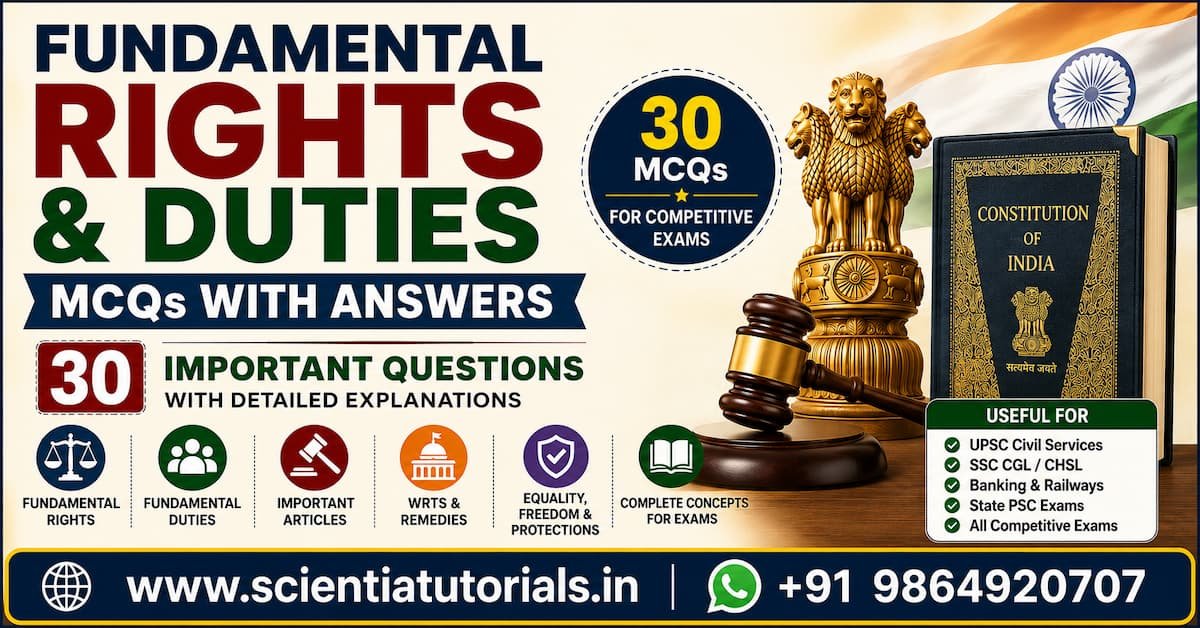Fundamental Rights and Duties MCQs with answers featuring the Constitution of India, Ashoka Pillar, judicial gavel, and Indian National Flag for UPSC, SSC, Banking, Railways, APSC, ADRE, and State PSC exam preparation.